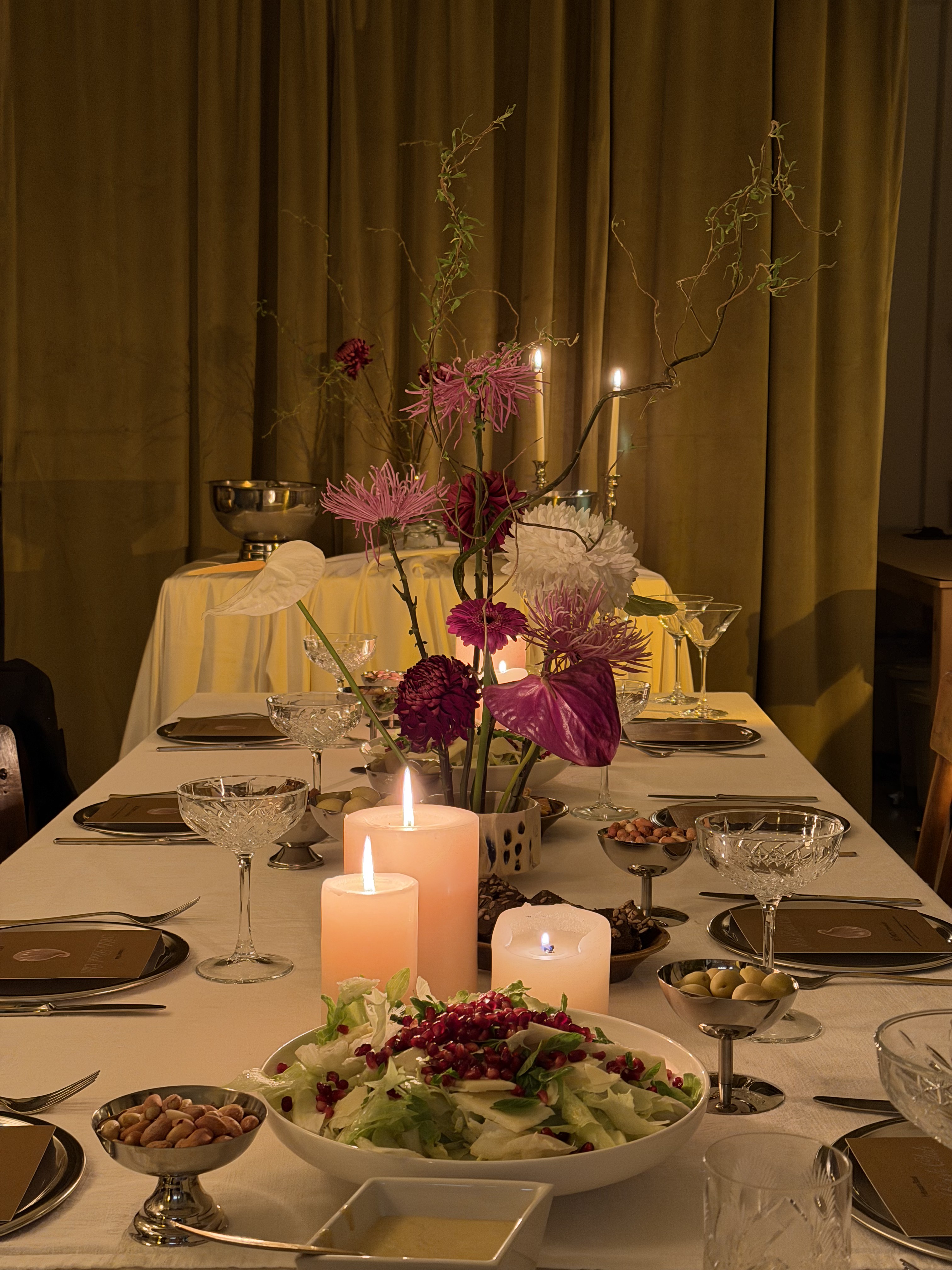 Book club dinner table with candles